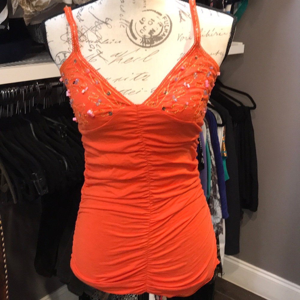 Future Paradise Beaded Orange Ruched Tank Top